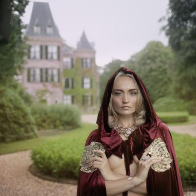 Blonde Frau verkleidet als Rotkäppchen steht vor Schloss